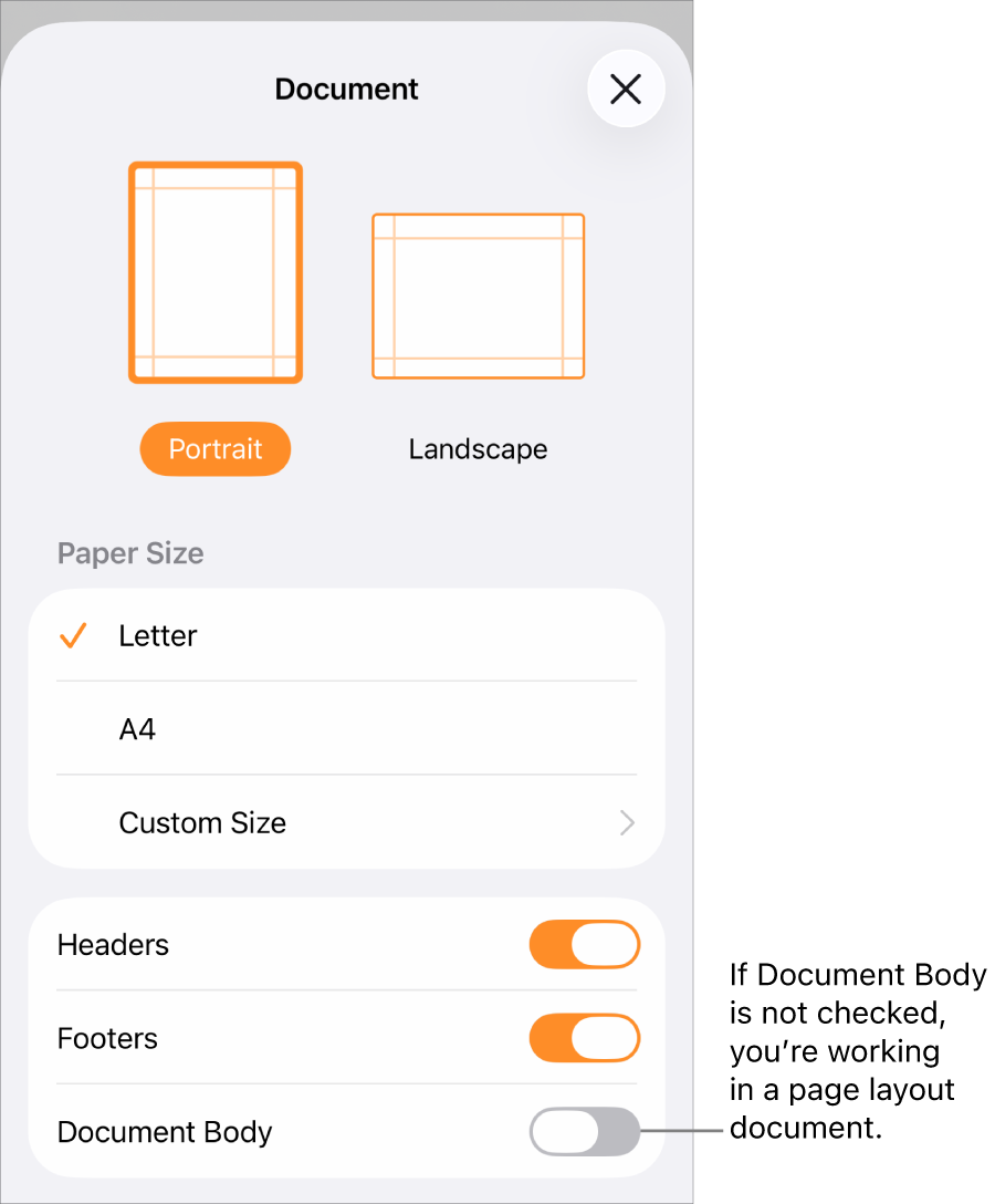 Document Setup open with Document Body unchecked in a page layout document.