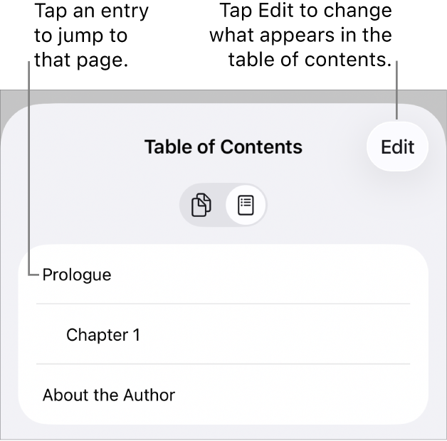 The table of contents view with headings in a list. An Edit button is in the top-right corner and at the bottom are Page Thumbnail and Table of Contents buttons.
