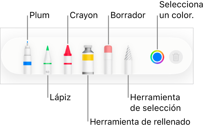 La barra de herramientas de dibujo en Pages en el iPhone con un bolígrafo, un lápiz, un crayón, la herramienta de relleno, el borrador, la herramienta de selección y la paleta de colores mostrando el color actual.