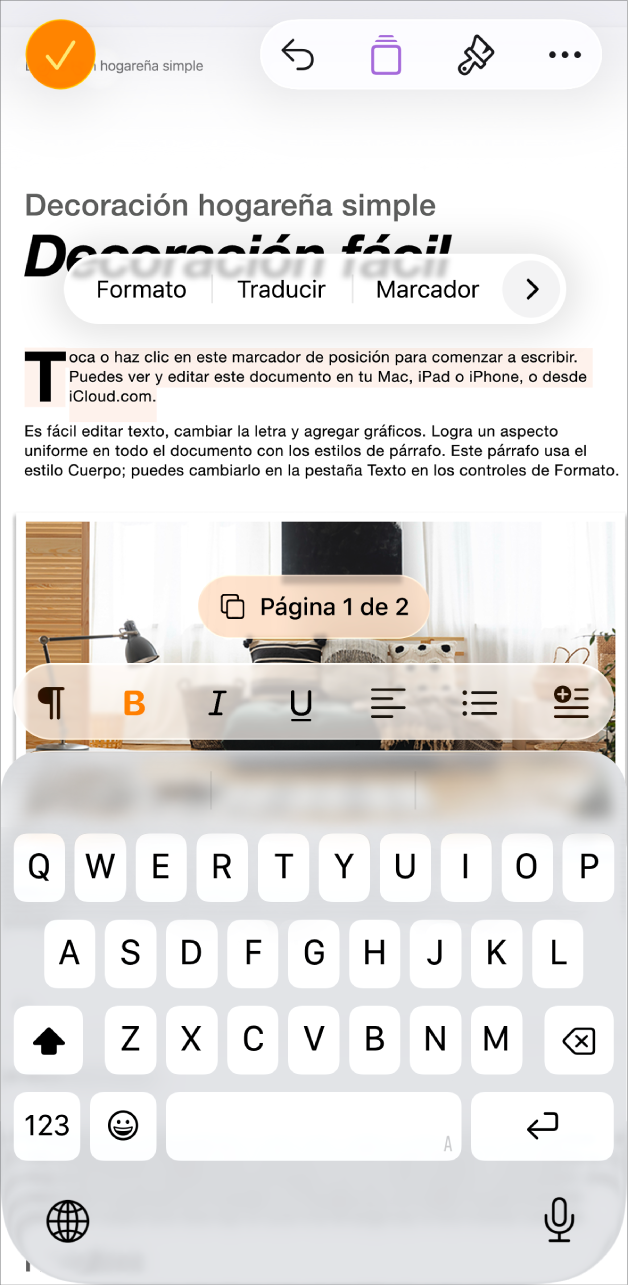 En un documento abierto con texto de marcador de posición seleccionado.