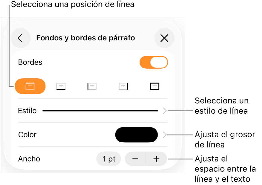 Controles para cambiar el estilo de línea, grosor, posición y color.