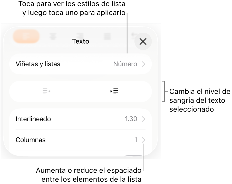 La sección Viñetas y listas de los controles de formato con texto que señala la sección Viñetas y listas, los botones de las sangría derecha o izquierda y controles de interlineado.