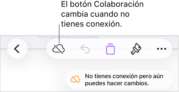 Los botones en la parte superior de la pantalla, donde el botón Colaboración cambió a una nube con una línea diagonal que la atraviesa. Una alerta en la pantalla muestra el mensaje: No tienes conexión pero aún puedes hacer cambios.