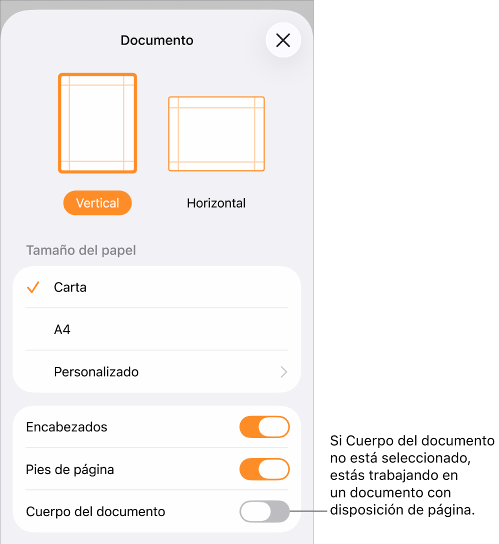 Configuración del documento abierta con la opción Cuerpo del documento no marcada en un documento de disposición de texto.