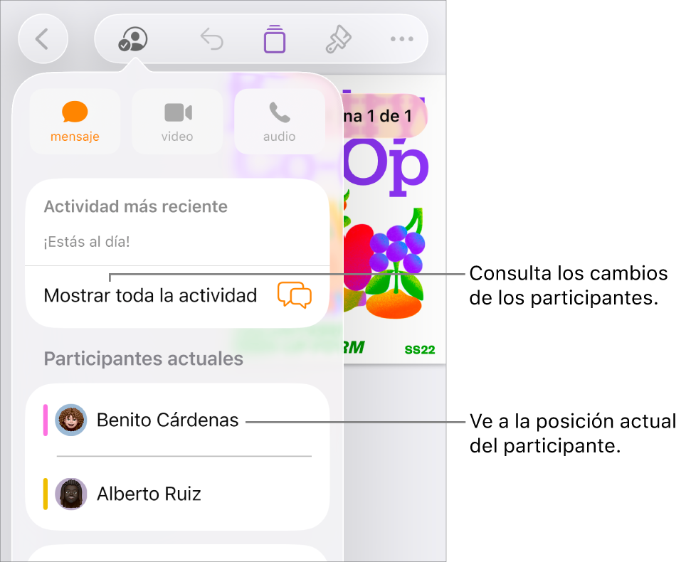 El menú de colaboración con los participantes actuales que aparecen ahí.