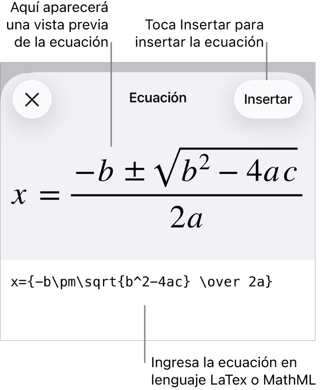 El cuadro de diálogo Ecuación con una ecuación escrita con comandos de MathML y una vista previa de la fórmula encima.