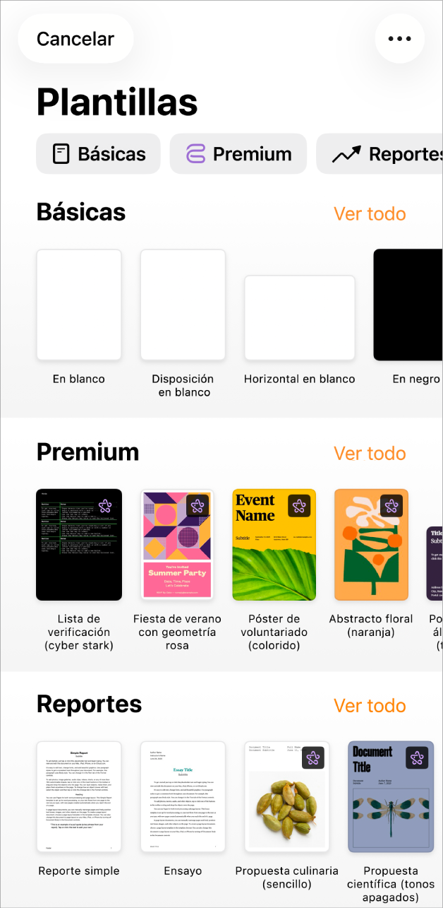 La pantalla de bienvenida de Pages con las opciones Comenzar a escribir y Seleccionar una plantilla en la parte superior; en la parte inferior, se muestran documentos recientes.