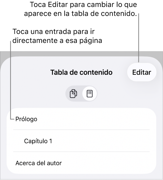 La visualización de la tabla de contenido con los encabezados en una lista. Un botón de Edición se encuentra en la esquina superior derecha, y en la parte inferior se encuentran los botones Miniatura de página y Tabla de contenido.