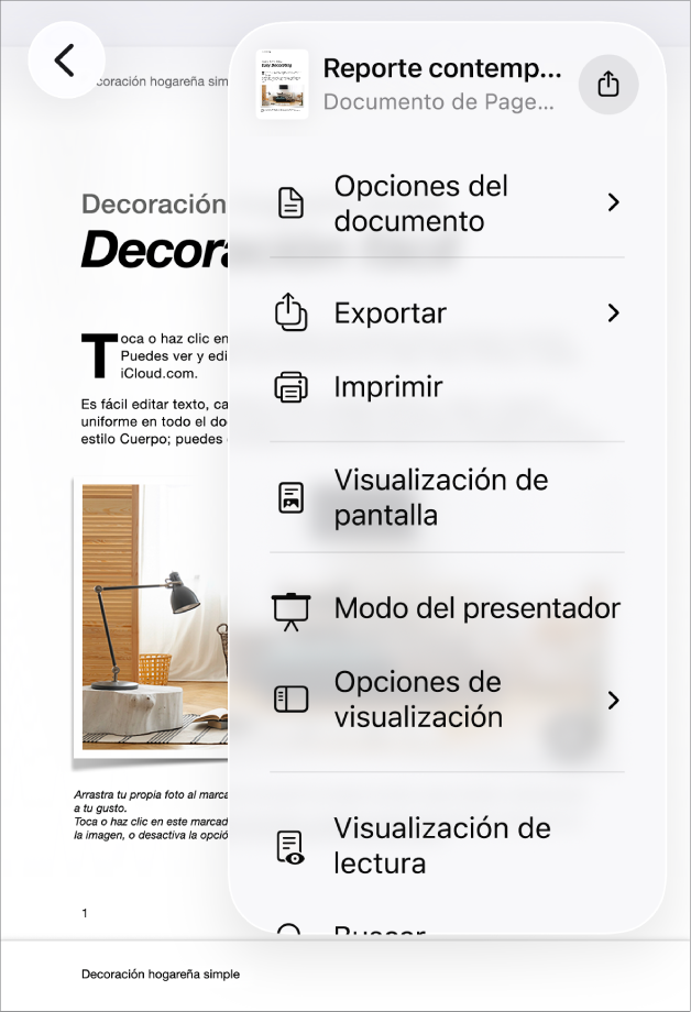 Aparece el menú Compartir con opciones para enviar en la parte superior y las opciones Copiar, Exportar y enviar, Imprimir, Nueva nota rápida, Agregar etiquetas y Guardar en archivos en la parte inferior.
