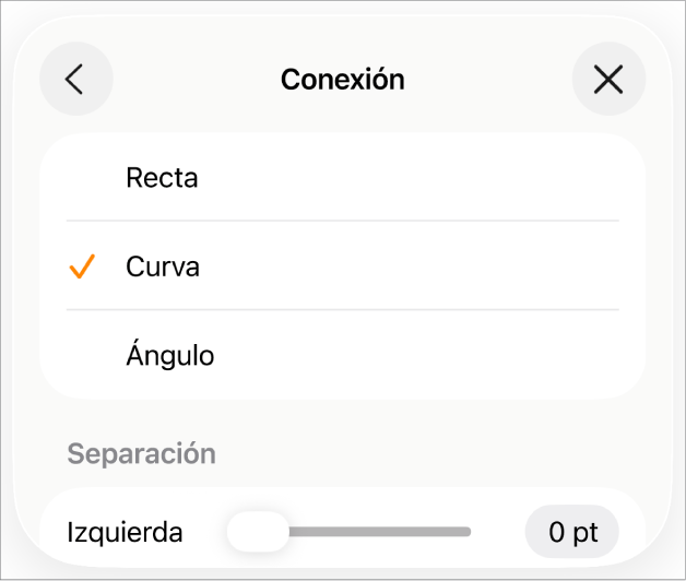 Los controles de Conexión con la opción Curva seleccionada.