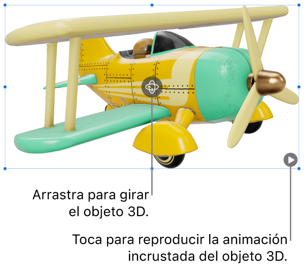 Un objeto 3D con el botón Girar en el centro del objeto y el botón Reproducir en la esquina inferior derecha.
