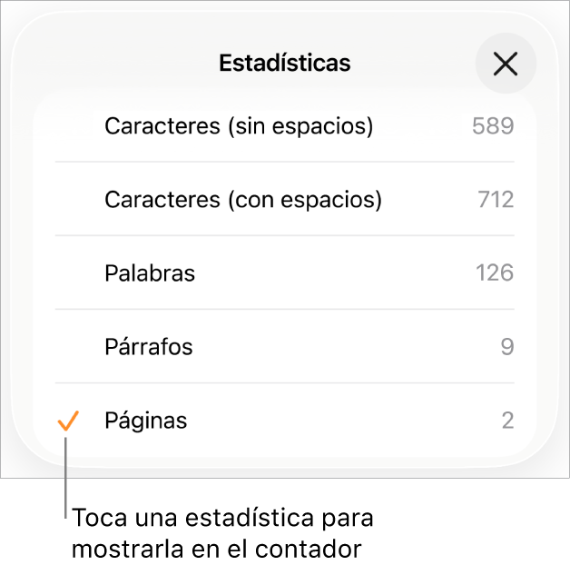 El menú Estadísticas con las opciones para mostrar el número de caracteres con y sin espacios, el conteo de palabras, el conteo de párrafos y el conteo de páginas.