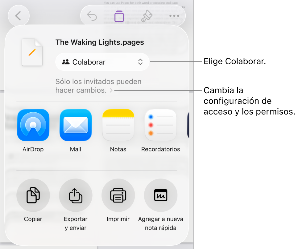 El menú Compartir con la opción Colaborar seleccionada en la parte superior, y la configuración de acceso y permisos debajo.