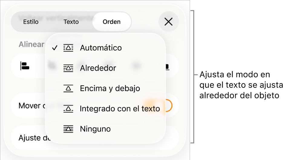 Los controles Ajuste de texto con la configuración para Automático, Alrededor, Encima y debajo, Integrado con el texto y Ninguno.