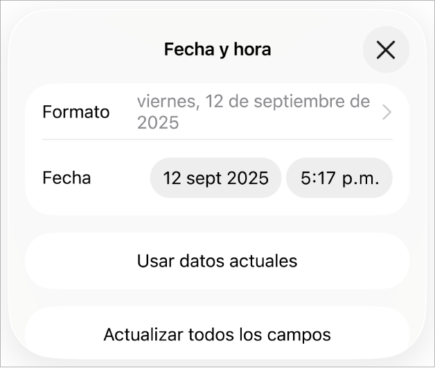Los controles de Fecha y hora con un menú desplegable para el formato de fecha y los botones Usar datos celulares y Actualizar todos los campos.
