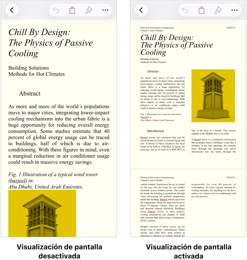 Dos versiones del mismo documento de Pages: uno con la visualización de pantalla activada y otro con la visualización de pantalla desactivada. En la versión con la visualización de pantalla activada, el tamaño del texto se ajusta para la pantalla, y se ocultan los saltos de página y encabezados.
