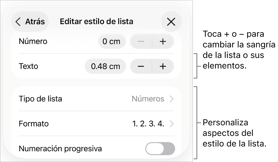 El menú Editar estilo de lista con controles para el espaciado de la sangría, el tipo y el formato de la lista, numeración progresiva e interlineado.