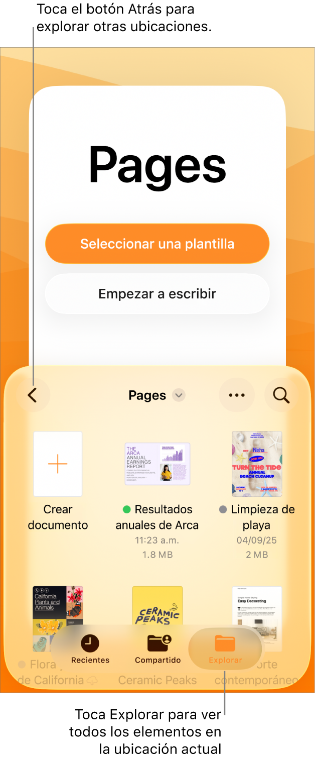 La vista de exploración del administrador de documentos con el botón Atrás en la esquina superior izquierda y debajo de ella, un campo de búsqueda. Debajo del campo de búsqueda está el botón Crear documento junto a las miniaturas de los documentos existentes. En la esquina superior derecha están los botones Recientes, Compartidos y Explorar.