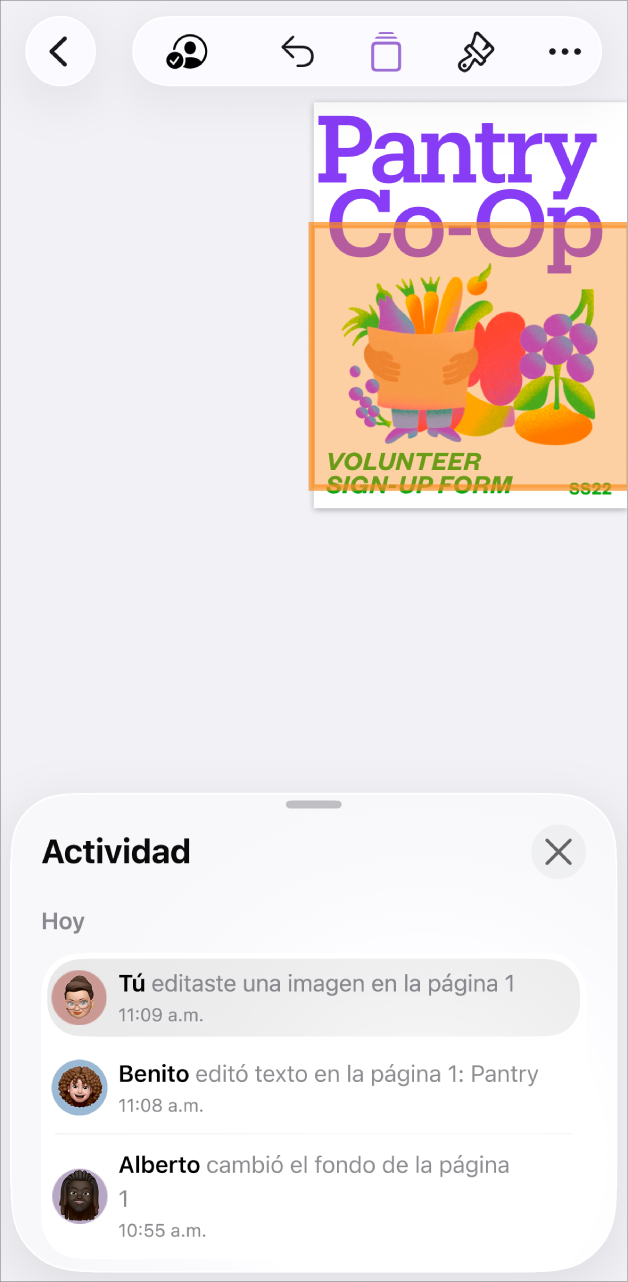 El menú de colaboración con los participantes actuales que aparecen ahí.