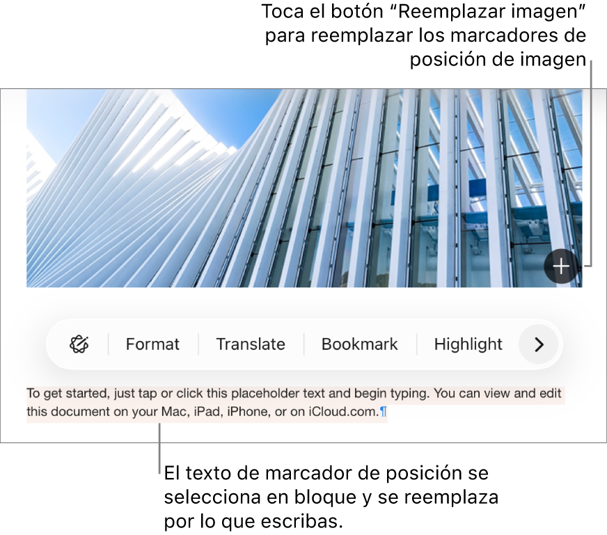 Texto e imágenes de marcador de posición.