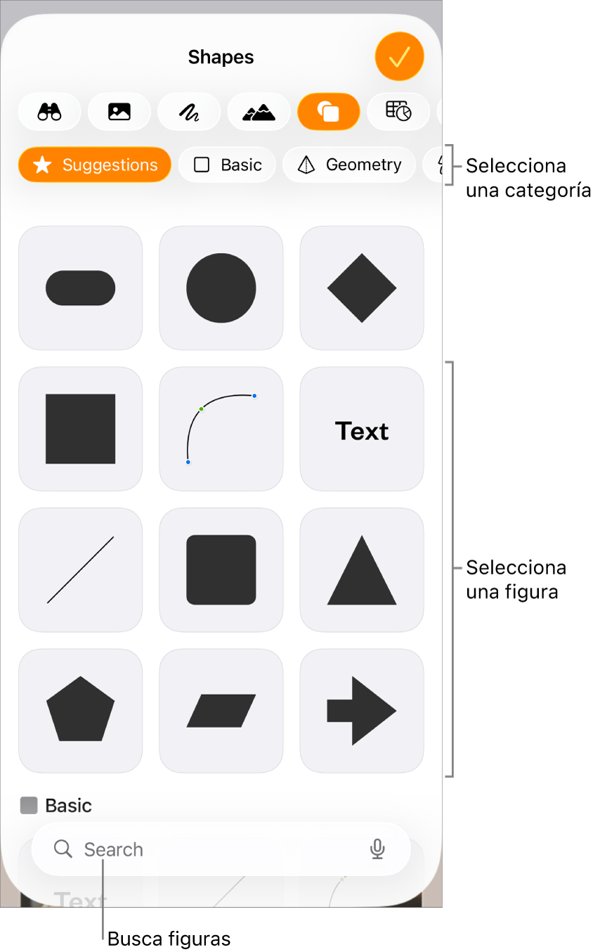 La biblioteca de figuras, con las categorías en la parte superior y las figuras mostradas abajo. Puede usar el botón de búsqueda de la parte superior para buscar figuras o deslizar para ver más.