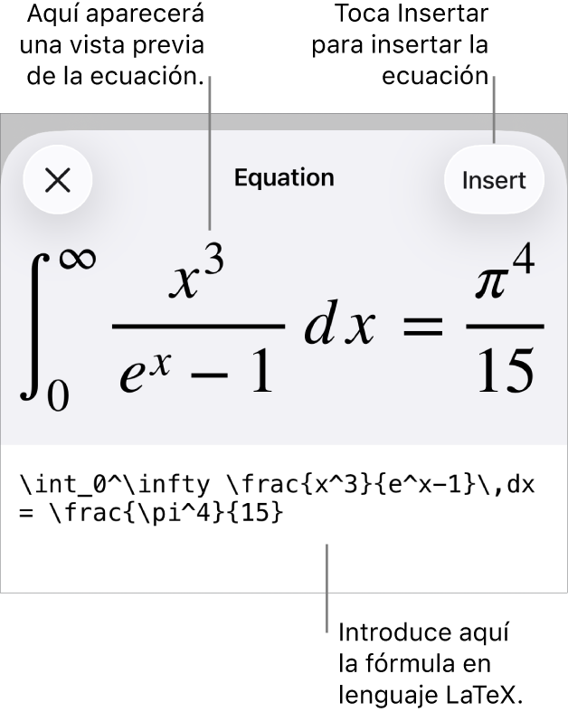 El diálogo Ecuación con una ecuación escrita con comandos de LaTeX y una previsualización de la fórmula encima.