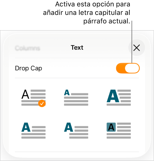 Los controles de “Letra capitular” situados en el menú Texto.