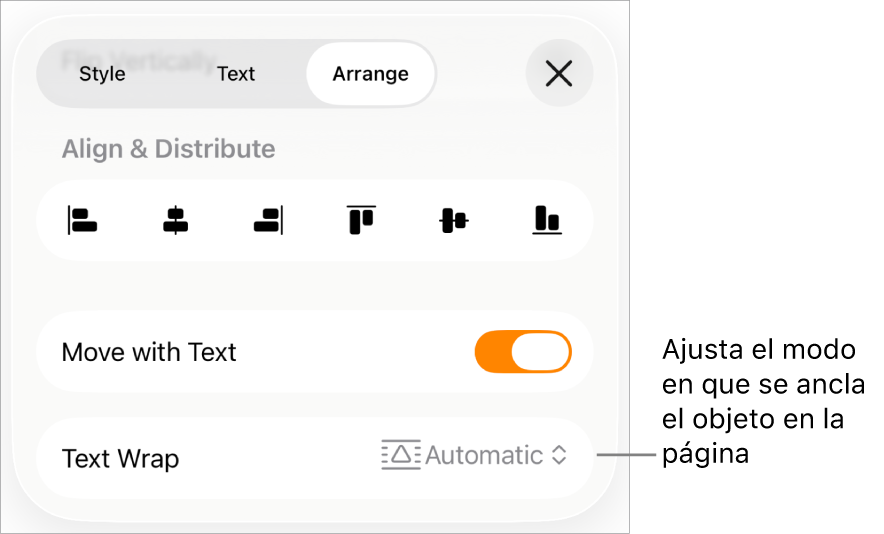 Los controles de disposición con las opciones “Mover con texto” y “Ajuste de texto”.