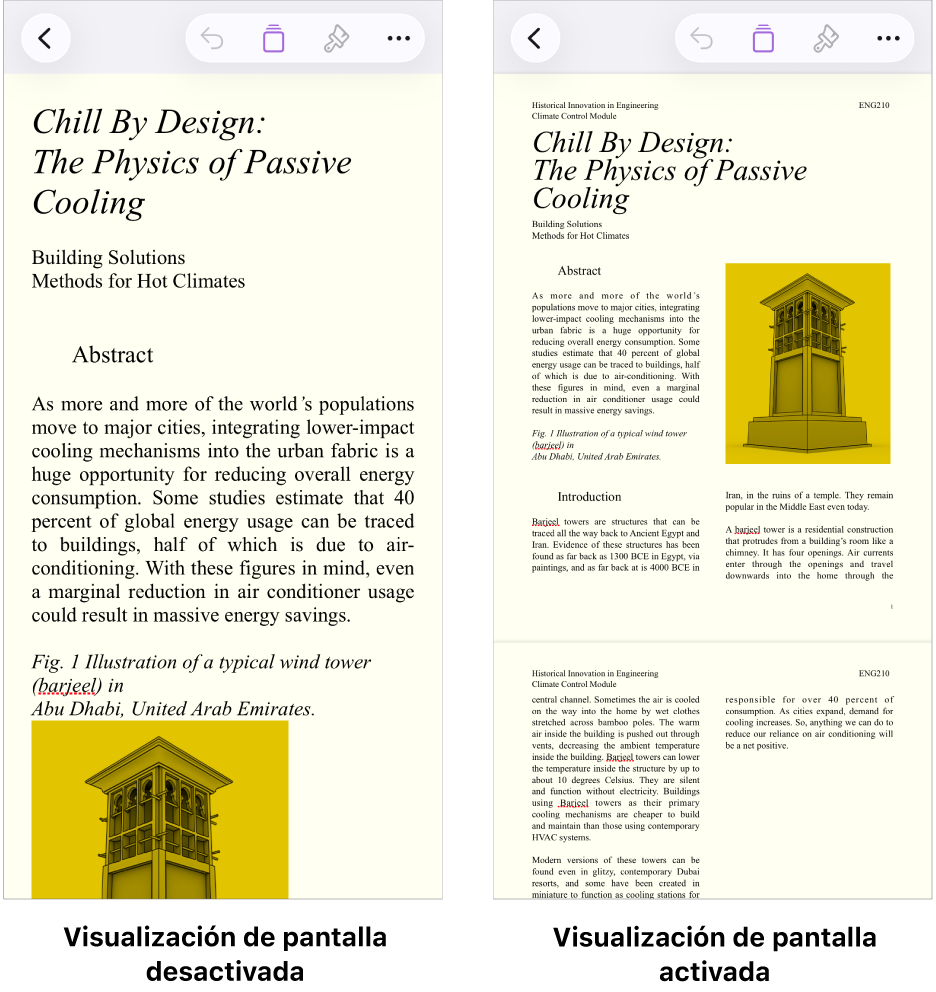 Dos vistas del mismo documento de Pages, con la visualización de pantalla activada y desactivada. En la versión con la visualización de pantalla activada, el tamaño del texto se ajusta a la pantalla y los saltos de página y las cabeceras están ocultos.