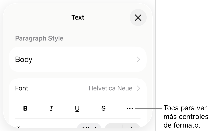 La pestaña Texto de los controles de formato, con una llamada al botón “Más opciones de texto”.
