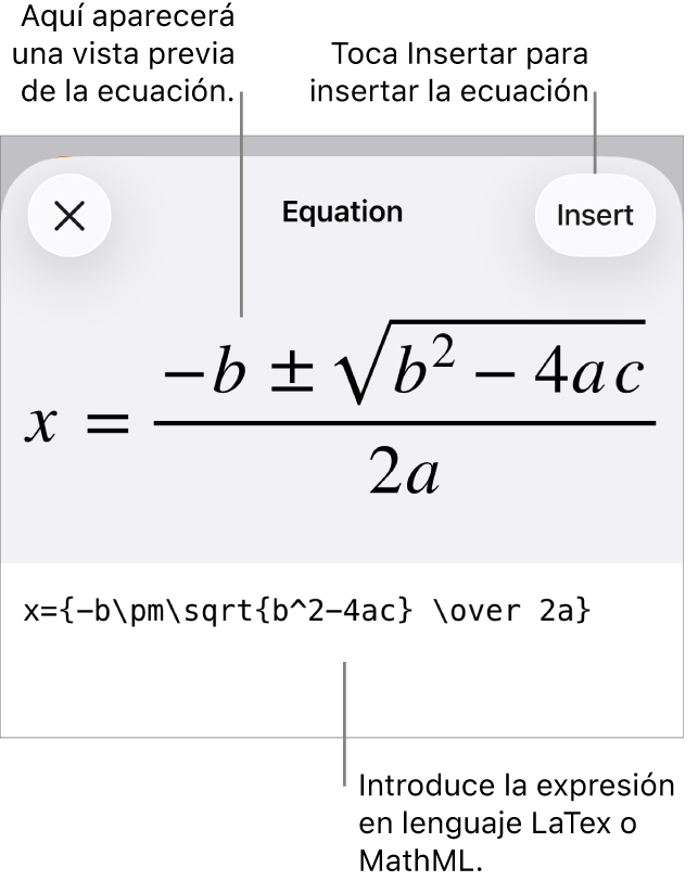 El diálogo Ecuación con una ecuación escrita con comandos de MathML y una previsualización de la fórmula encima.