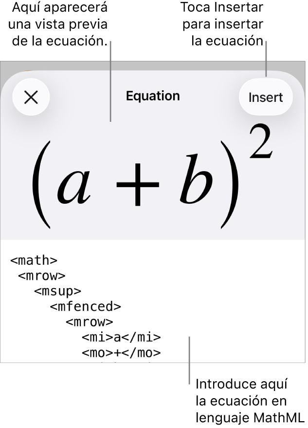 El diálogo Ecuación con una ecuación escrita con comandos de MathML y una previsualización de la fórmula encima.