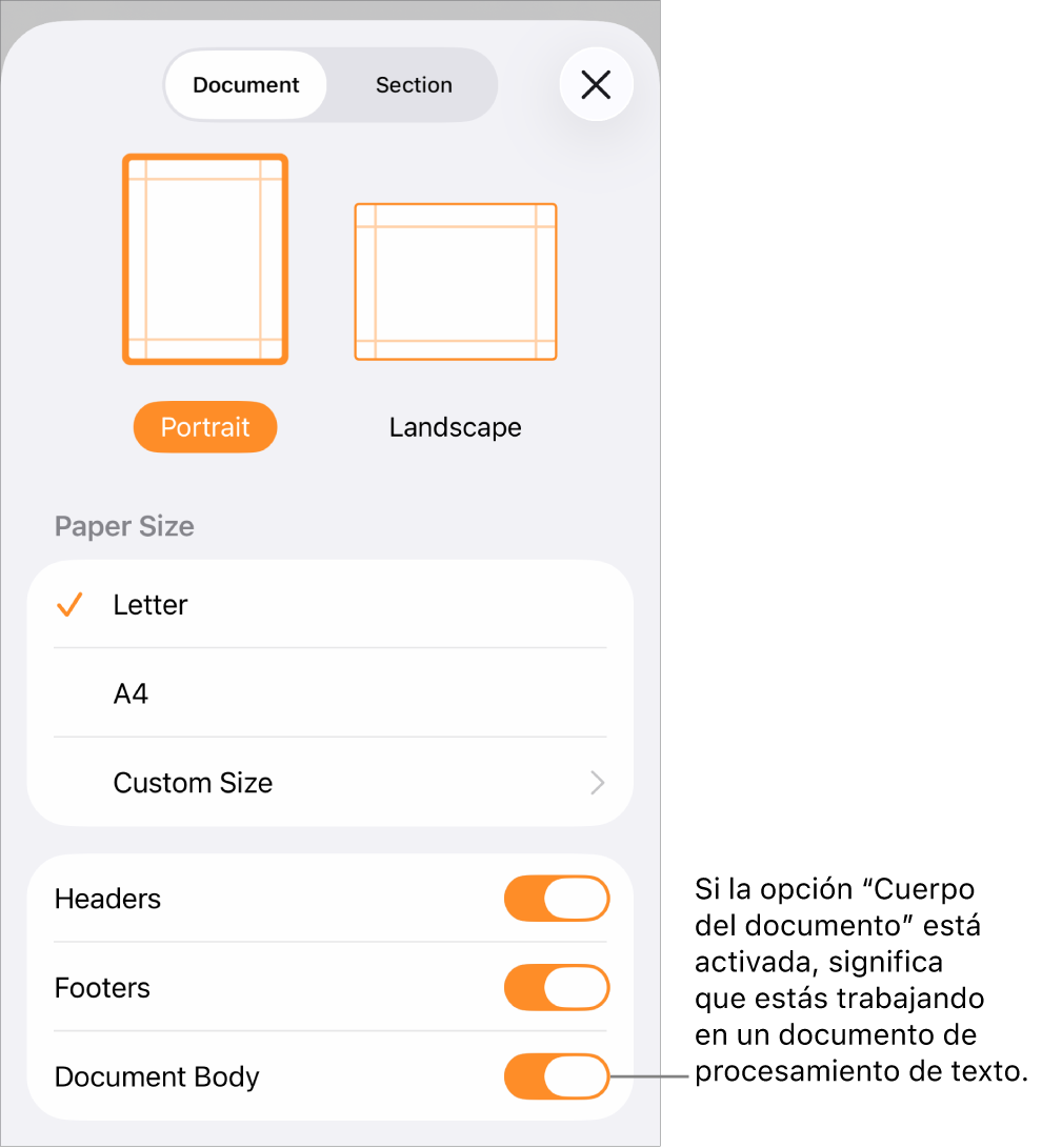 La configuración del documento está abierta y el cuerpo del documento está seleccionado en un documento de procesamiento de texto.
