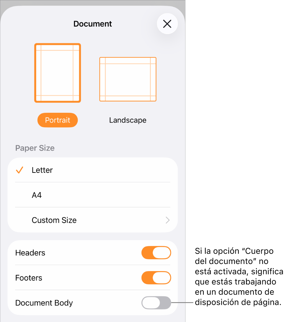 La configuración del documento está abierta y el cuerpo del documento está sin seleccionar en un documento de disposición de página.