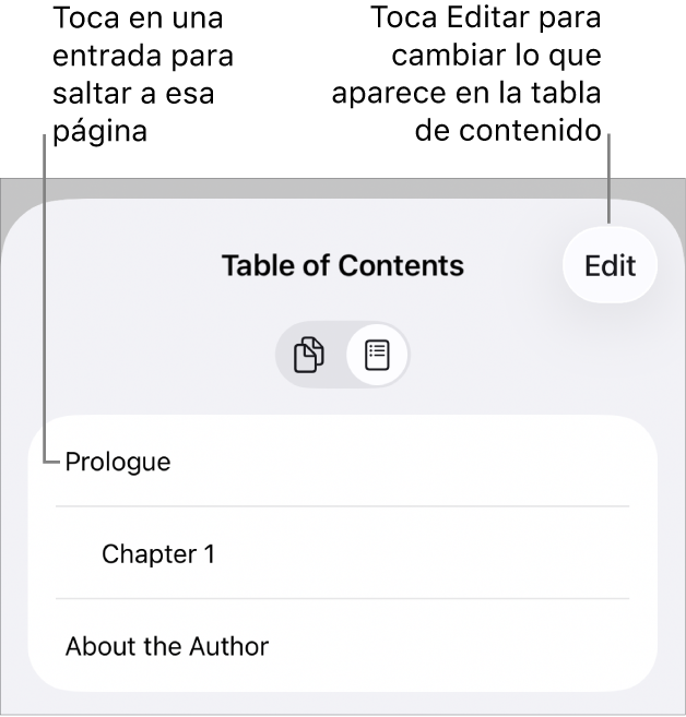 La visualización de la tabla de contenido con encabezamientos en una lista. Hay un botón Editar en la esquina superior derecha y en la parte inferior están los botones “Miniaturas de página” y “Tabla de contenido”.
