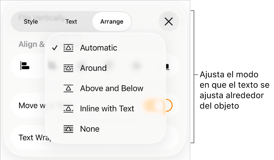 Los controles de ajuste del texto, que incluyen ajustes para Automático, Alrededor, “Encima y debajo”, “Integrado con el texto” y Ninguno.