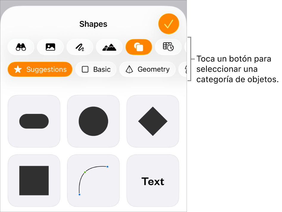 Los controles para añadir un objeto, con botones en la parte superior para seleccionar tablas, gráficas, figuras (líneas y cuadros de texto incluidos) y contenidos.