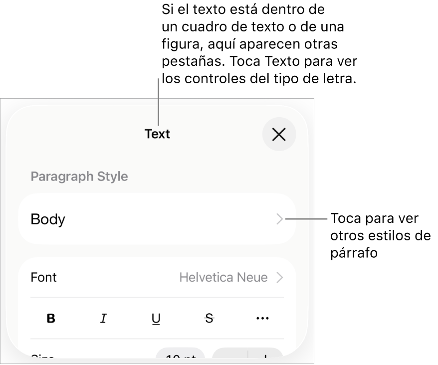 El menú Formato, que muestra controles de texto para configurar los estilos de párrafo y carácter, tipo de letra, tamaño y color.