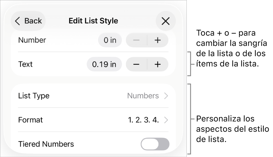 Menú “Estilo de lista” con controles para el interlineado de la sangría, el tipo de lista y el formato, la numeración progresiva y el interlineado.