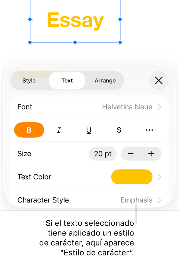 Los controles de formato de texto con “Estilos de carácter” debajo de los controles de color. El estilo de carácter Ninguno aparece con un asterisco.