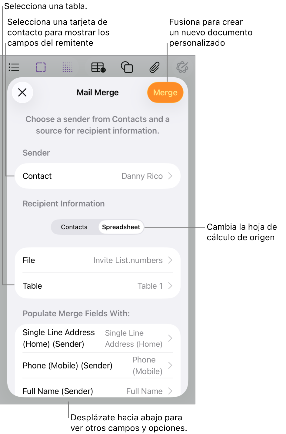 Panel de fusión de correo abierto con opciones para seleccionar la información del remitente, cambiar la tabla o el archivo de origen, previsualizar los nombres del campo de fusión o los registros individuales, o bien fusionar el documento.