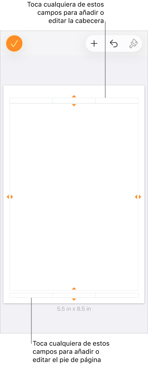 La visualización “Más opciones” con tres campos en la parte superior del documento para las cabeceras y tres campos en la parte inferior para los pies de página.