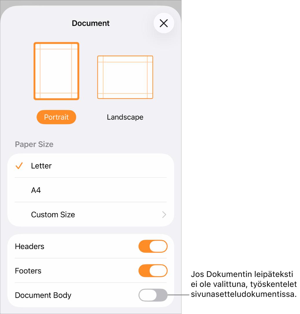 Dokumentin asetukset avattuna ja Dokumentin leipäteksti -valintaneliön valinta poistettuna sivunasetteludokumentissa.