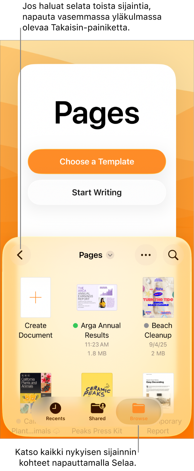 Dokumenttinäkymän selausnäkymä, jonka vasemmassa yläkulmassa on Takaisin-painike ja sen alapuolella on hakukenttä. Hakukentän alapuolella on Luo dokumentti ‑painike olemassa olevien dokumenttien miniatyyrien vieressä. Oikeassa yläkulmassa ovat Äskeiset-, Jaetut- ja Selaa-painike.