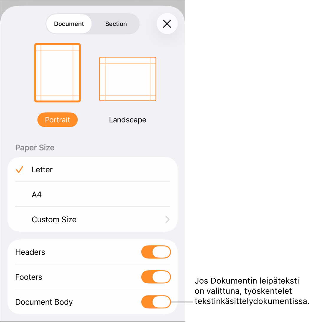 Dokumentin asetukset avattuna ja Dokumentin leipäteksti -valintaneliö valittuna tekstinkäsittelydokumentissa.