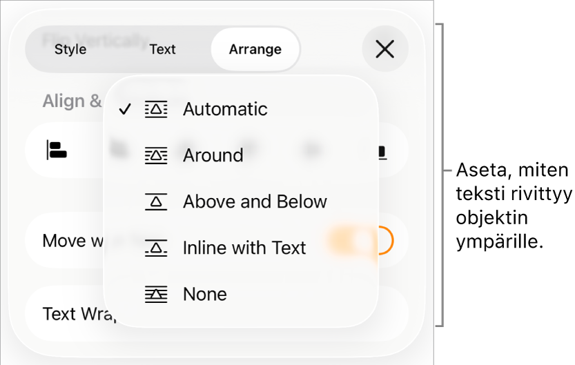 Tekstin rivitys -säätimet, joissa on Automaattinen, Ympärille, Ylä- ja alapuolelle, Tekstin mukana liikkuva ja Ei mitään.