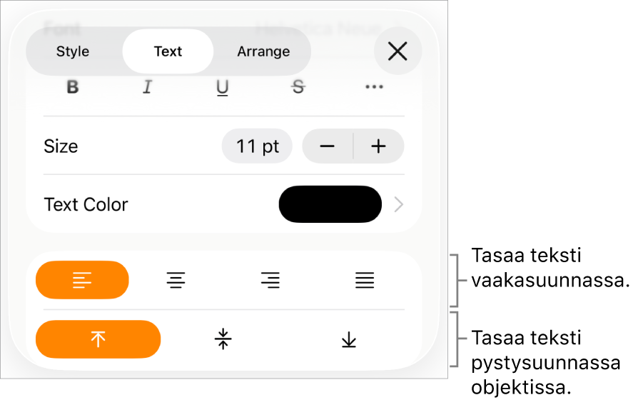 Asettelu-osio, jossa näkyy selitteet tekstin tasaus- ja välistyspainikkeille.