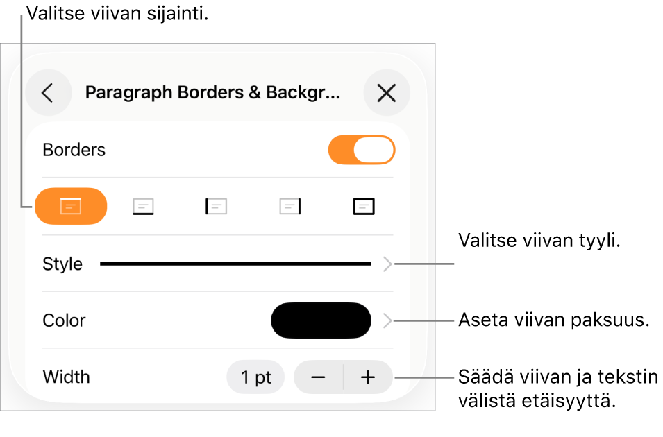 Säätimiä viivan tyylin, paksuuden, sijainnin ja värin muuttamiseen.