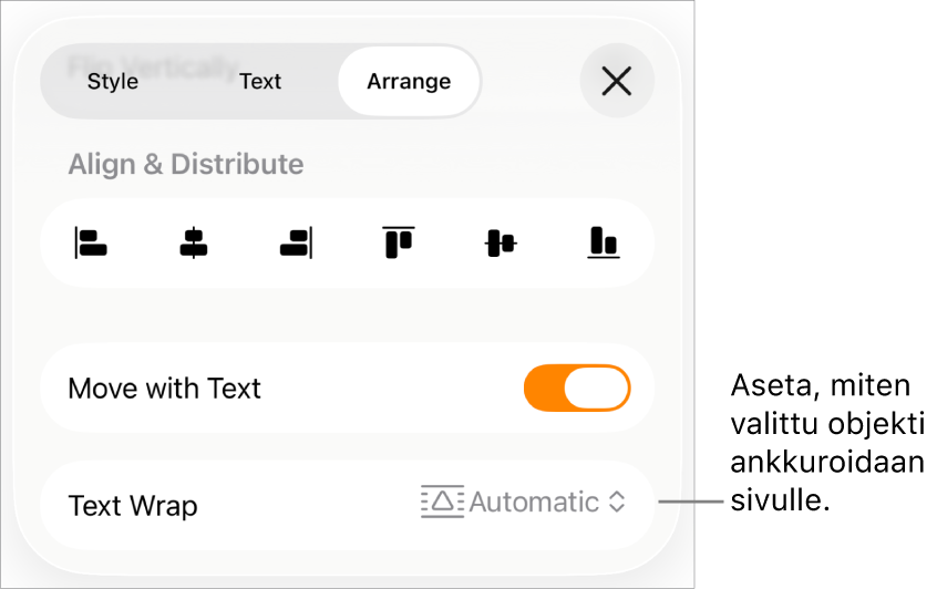 Järjestä-säätimet, joissa on Siirrä tekstin kanssa ja Tekstin rivitys.
