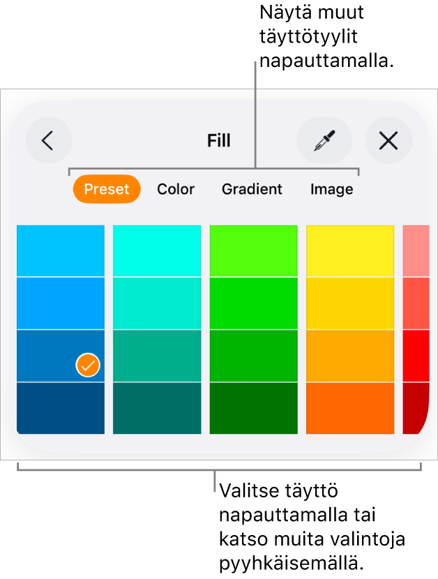 Muoto-painikkeen Tyyli-välilehden täyttövalintoja.